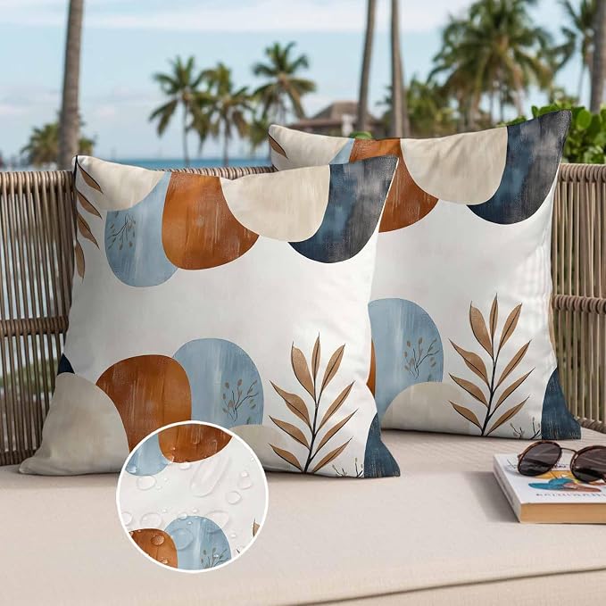 Bohemian Nordic Outdoor Waterproof Throw Pillow Covers Set of 2, 16"x16", Simple Colorful Abstract Leaves Decorative Pillow Covers Outside Cushion Case for Patio Porch Garden