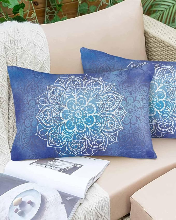 Vandarllin Outdoor Throw Pillows Covers 20x12 inch Set of 2 Waterproof Blue Boho Floral Decorative Zippered Cushion Covers for Patio Furniture, Bohemian Flower Lumbar Pillowcases