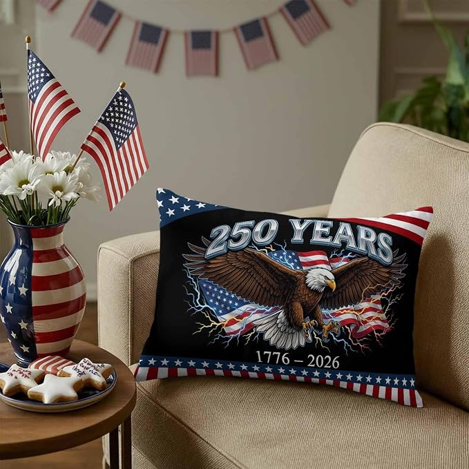 America 250 Years Eagle Outdoor Pillow Covers 20"x12" Set of 2, Independence Day Lightning Red Blue Flag Waterproof Throw Pillow Covers for Patio Furniture, Decorative Cushion Covers for Porch