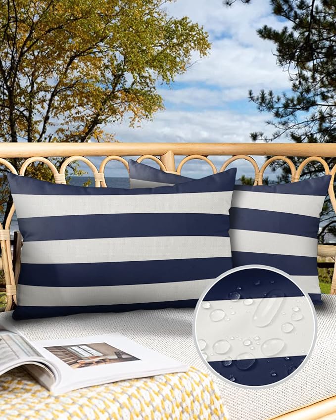 Outdoor Pillows Navy Blue White Stripes Waterproof Outdoor Pillow Covers Geometric Simple Summer Polyester Throw Pillow Covers Garden Cushion Decorative Case for Patio Couch Decoration Set of 2