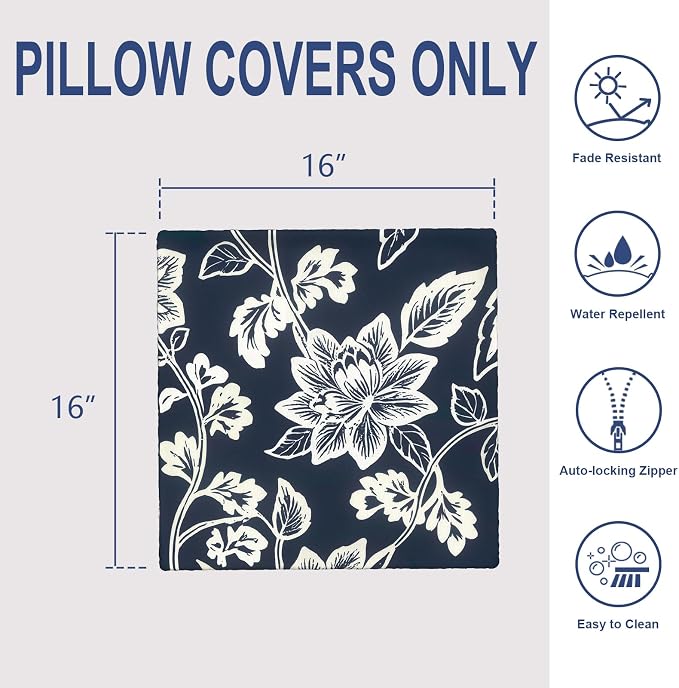 Outdoor 16x16 Inch Throw Pillow Covers Set of 2, Covers ONLY, All Weather Square Pillow Cases, Patio Cushion Pillow of Home Furniture Use, Elegant Vines Navy