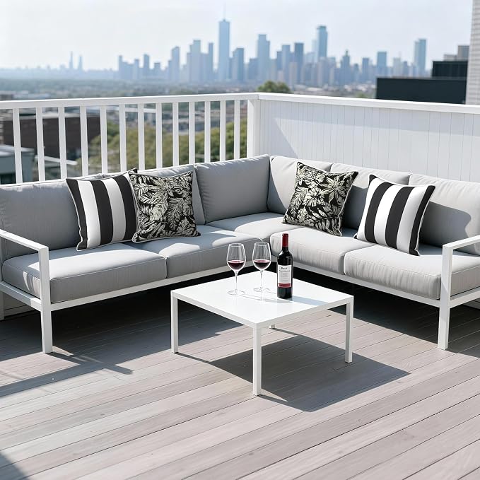 Outdoor Throw Pillows Inners, Fade Resistant Patio Furniture Square Pillows with Piping Set of 2 for Patio Furniture, 18x18 Inch, Tropical Leaf Black
