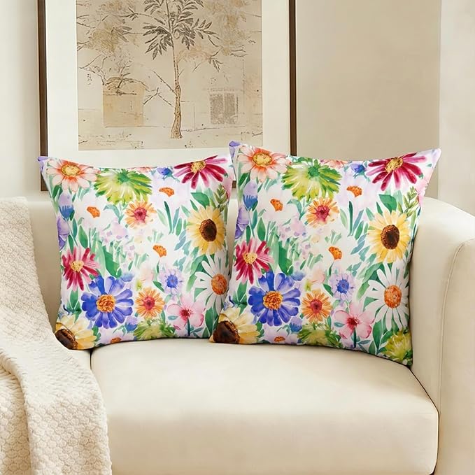 ONWAY Outdoor Floral Pillow Covers 18X18 inch Set of 2 Waterproof Yellow and Green Daisy Decorative Throw Pillowcases for Patio Furniture Garden Spring Summer Cushion Cover