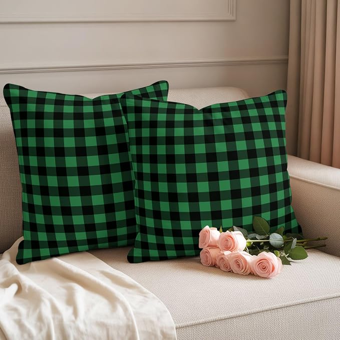 Forest Green Checks Outdoor Pillow Covers 26"x26" Set of 2, Black Gingham Plaid Abstract Modern Waterproof Throw Pillow Covers for Patio Furniture, Decorative Cushion Covers for Porch