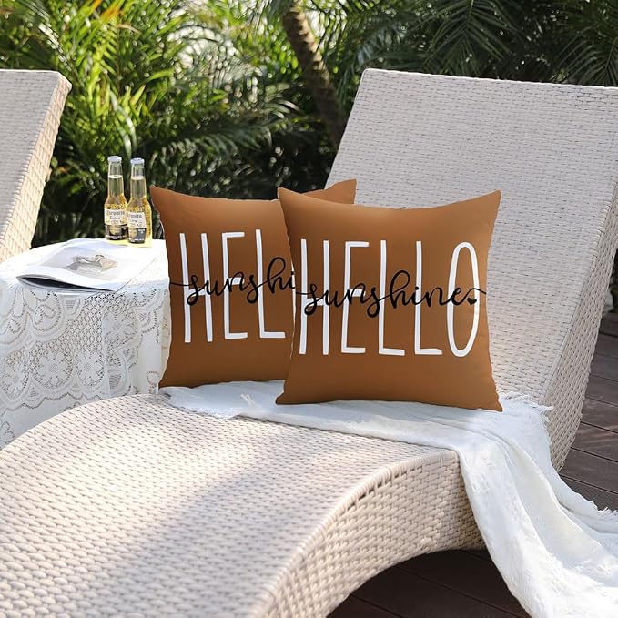 DFXSZ Rust Outdoor Waterproof Pillow Covers 18x18 Set of 2 | Hello Sunshine Decor Summer Fall Polyester Pillow Covers(NO INSERTS)| Decor for Patio Funiture Garden Sofa Couch