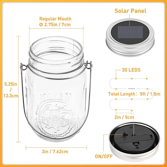 GIGALUMI Solar Mason Jar Lights, 8 Pack 30 Led String Fairy Lights | Garden Lights Outdoor Waterproof Metal Lid Hanging Solar Lanterns for Outdoor, Garden, Patio, Lawn, Balcony Decoration
