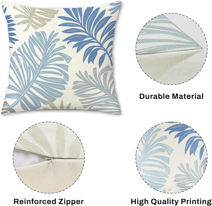 Bonhause Tropical Leaves Throw Pillow Covers 18 x 18 Inch Set of 4 Palm Leaf Floral Botanical Blue Decorative Pillow Cases Polyester Linen Outdoor Cushion Covers for Sofa Couch Garden Home Decor