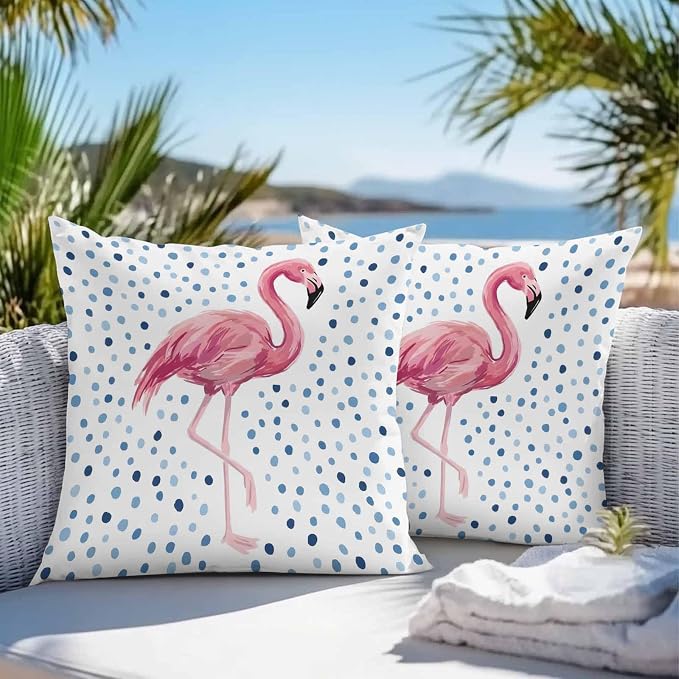 Flamingo Outdoor Waterproof Throw Pillow Covers 26 x 26 Inches Set of 2 Art Flamingo Blue Polka Dots Summer Tropical Decorative Cushion Cover Pillowcase for Garden Patio Tent Beach Sofa Couch