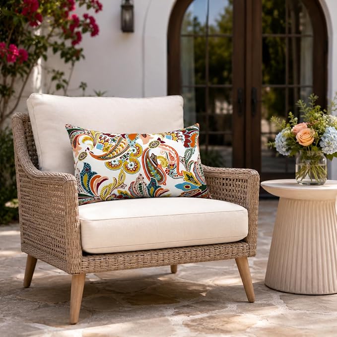 Pack of 2 Patio Lumbar Pillows 12"x20" | Fade Resistant Outdoor Waterproof Lumbar Pillow with Inners Decorative Garden Lumbar Cushions for Home Patio Terrace Sofa