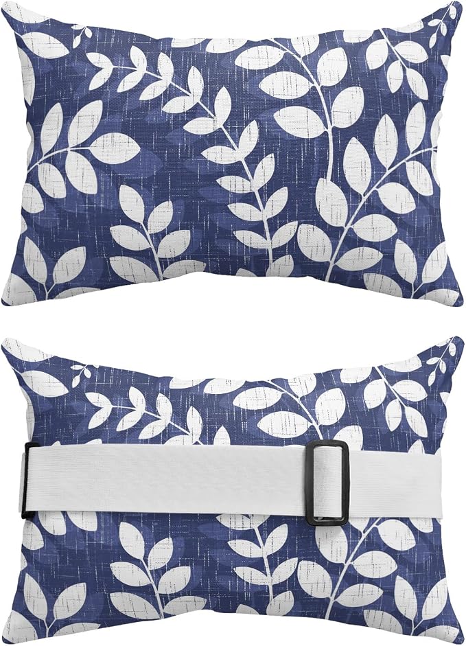 Chaise Lounge Headrest Pillow 1 Pack, Indigo Leaves Waterproof Chair Pillows with Insert & Adjustable Elastic Strap for Beach Recliner, Farmhouse Botanical Leaf Branch Vintage Modern Outdoor Pillow