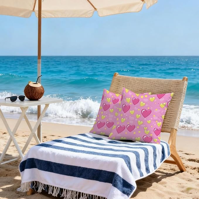 20x20 Inch Outdoor Pillow Covers Set of 2 Waterproof Throw Pillow Covers Decorative Couch Cushion Covers Pink Hearts Yellow Star Square Pillowcases Protectors for Patio Garden Sofa