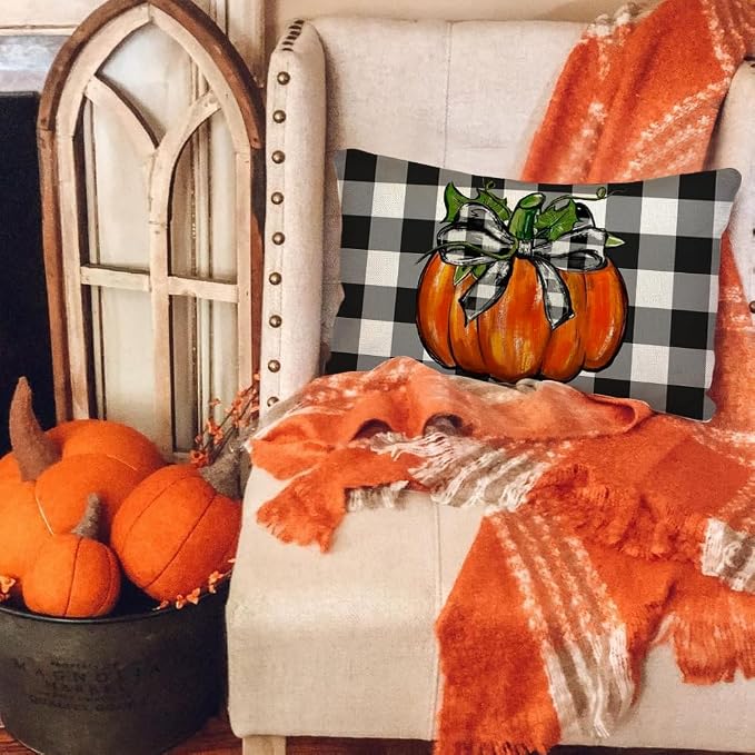 RABUSOFA Outdoor Fall Pillow Covers Waterproof 12x20 Orange Pumpkin Decor | Autumn Harvest Thanksgiving,Buffalo Plaid,Not Insert,Machine Washable,Fall Decorations for Home Sofa Patio Farmhouse