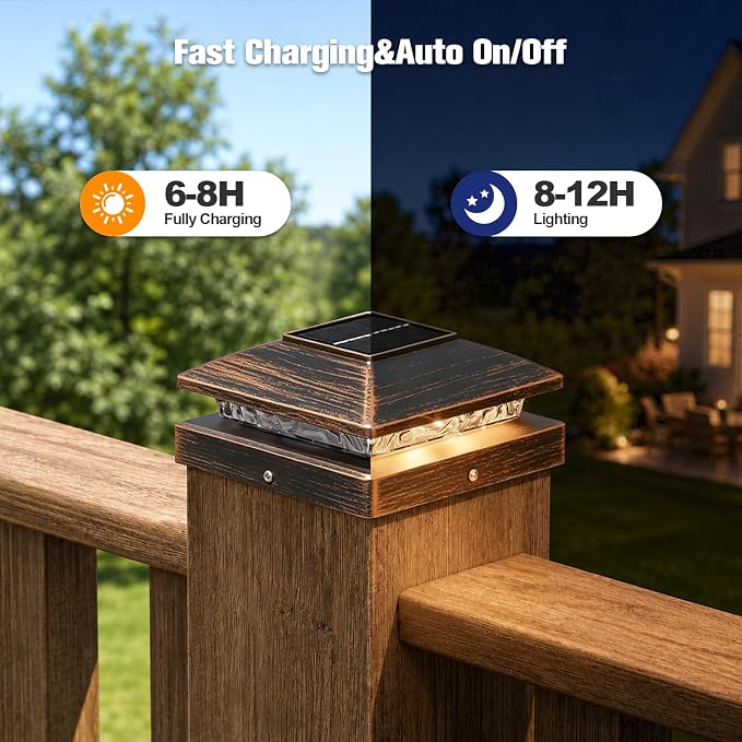 APONUO Solar Post Cap Lights for 4x4 Posts - IP64 Waterproof, Warm White, Wireless Fence Lights & Deck Lights for Patios, Gardens, and Yards, Brushed Copper, 24 Pack