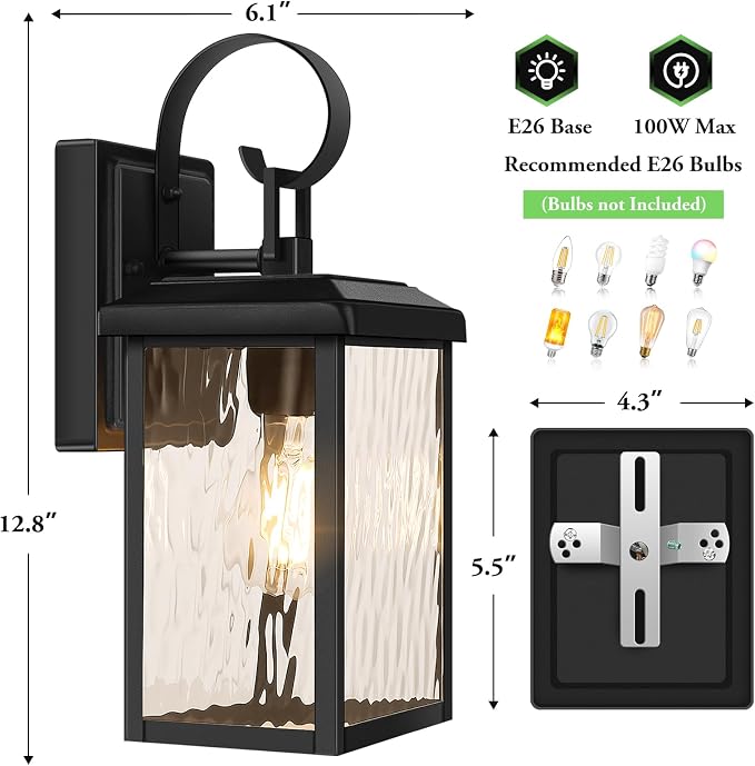 BesLowe 2-Pack Outdoor Wall Light Fixtures with Water Ripple Glass, Black | Waterproof, Rust-Resistant, Durable Metal, Standard E26 Socket, Easy to Install