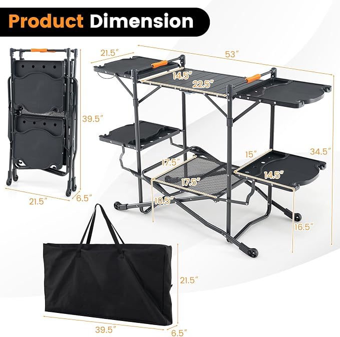Goplus Camping Kitchen Table Station, Outdoor Portable Grill Table with Aluminum Tabletop, 4 Side Tables, Storage Rack, Folding Cooking Table for Outside Picnic BBQ RV Garden Patio Dining