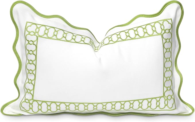 Hofdeco Premium Coastal Patio Indoor Outdoor Scalloped Lumbar Pillow Cover Only, 12"x20" Water Repellent for Backyard, Couch, Green Embroidered Begonia Pattern Chain Frame