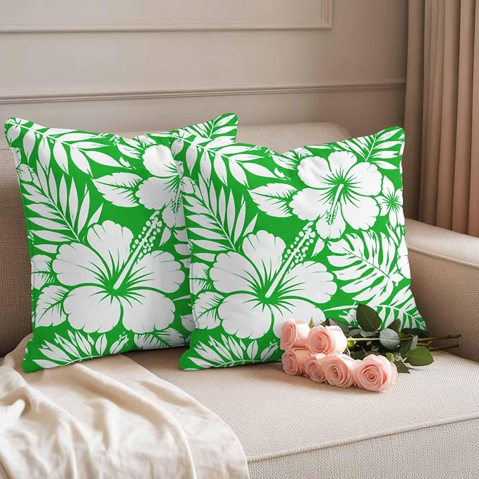 Green Hibiscus Flowers Waterproof Outdoor Pillow Covers Set of 2 Home Decor, Tropical Monstera Leaves Pillowcase Patio Pillow Covers for Couch Bench Patio Furniture Garden 18x18in