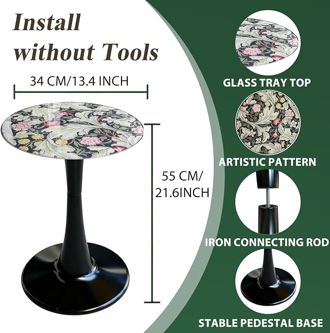 13.4" Outdoor Side Table, Round Patio Bistro Table Printed Tempered Glass Top, Waterproof Rust-Proof Base, Small Plant Stand for Balcony, Garden, Deck, 21.6" H (Morris Green)