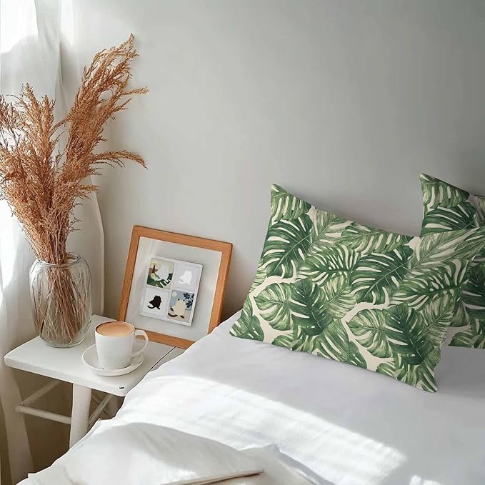 Green Tropical Leaves Waterproof Outdoor Pillow Covers Set of 2 Home Decor, Farmhouse Summer Leaf Plants Pillowcase Patio Pillow Covers for Couch Bench Furniture Garden 20x12in