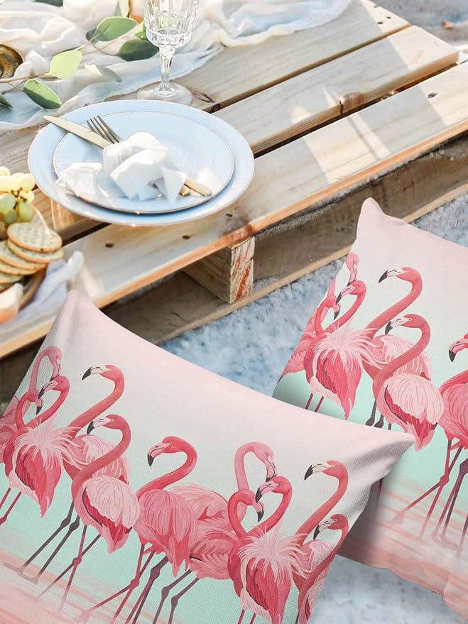 Outdoor Waterproof Throw Pillow Covers Set of 2 Pink Flamingo Pillowcases 20x20 Inches Tropical Animal Ombre Teal Patio Decorative Pillows Cushion Case Patio Pillows for Couch Bed Chair Garden