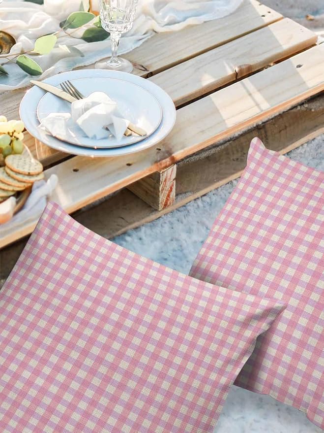Outdoor Waterproof Throw Pillow Covers Set of 2 Pink Buffalo Plaid Pillowcases 16x16 Inches Linen Classic Checked Patio Decorative Pillows Cushion Case Patio Pillows for Couch Bed Chair Garden