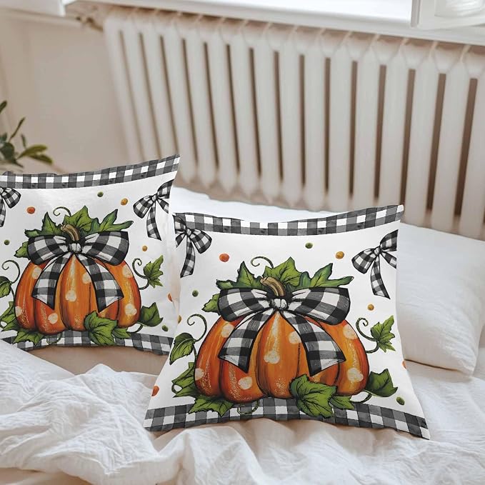 Orange Pumpkins Outdoor Waterproof Pillow Covers, Polka Dot Bow Fall Maple Leaves Plaid Decorative Square Throw Pillowcase Sofa Cushion Sham for Patio/Couch/Chair, 16"x16" 2 Pack