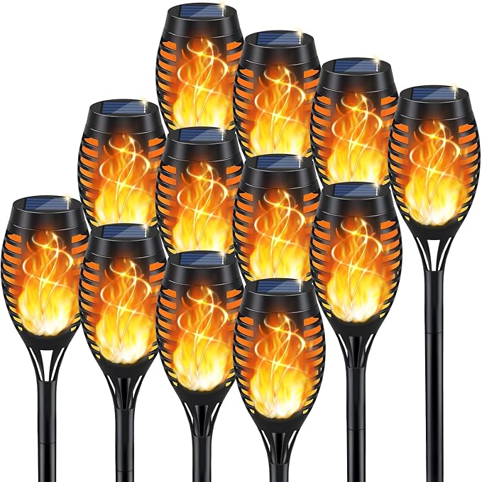 KYEKIO 12Pack Solar Torch Light with Flickering Flame for Halloween Decor | Solar Lights Outdoor for Halloween Decorations, Waterproof Solar Garden Lights, Solar Flame Lights for Pathway Yard Decor