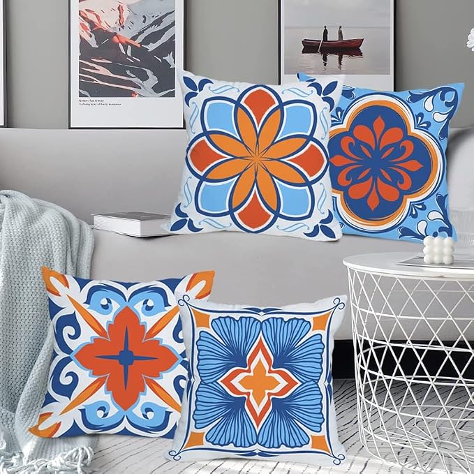 Outdoor Waterproof Throw Pillow Covers 16x16 inch Floral and Boho Style Decorative Pillow Covers Modern Geometric Pillowcase for Patio Funiture Garden Set of 4, Blue and Orange