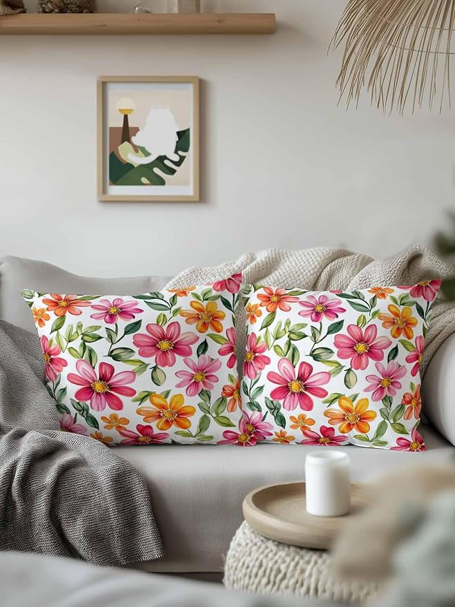 Outdoor Waterproof Throw Pillows Spring Watercolor Wild Flower Patio Pillows Pack of 2,Decorative Pillow Covers with Insert,Pillow Cushion Case for Garden Couch Sofa Country Small Pink Flower