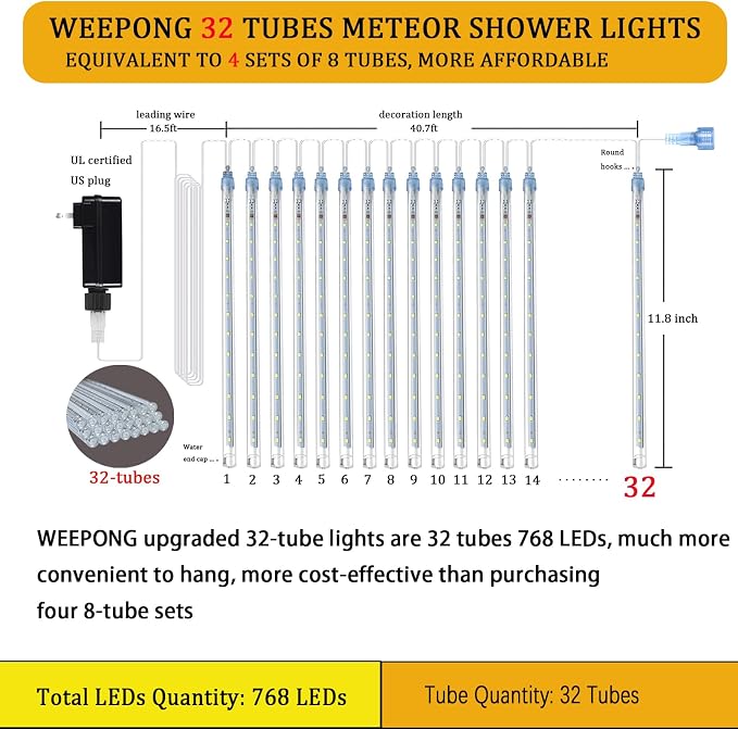 Weepong Christmas Lights Outdoor 32 Tubes 768LEDs Meteor Shower Lights Blue | UL Certified Snow Falling Rain Drop Icicle String Light for Xmas Tree Halloween Decorations Wedding Party Garden Decor