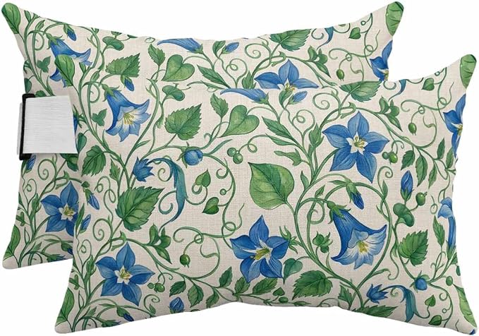 Pack of 4 Outdoor Lumbar Pillow Covers 11x16 Inch, Blue Green Botanical Waterproof Throw Pillow Covers Set, Spring Floral Summer Rustic Indoor&Outdoor Decorative Cushion Cases for Patio Porch Car