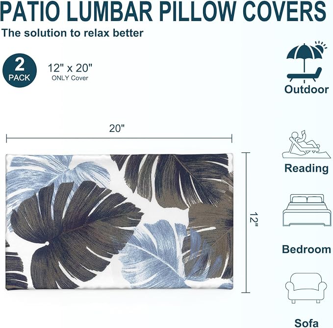DYTXIII Pack of 2 Outdoor Waterproof Lumbar Pillow Covers ONLY, 12x20 Rectangle Decorative Double Printed Pillow Cases for Patio Couch Porch Furniture - Monstera Blue