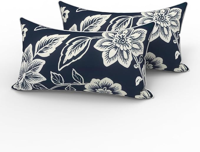 LVTXIII 2 Pack Outdoor Lumbar Pillows 12x20 Inch with White Piping, Fade Resistant Support Throw Pillows with Inserts for Patio Furniture, Sofa, Chair, Elegant Vines Navy