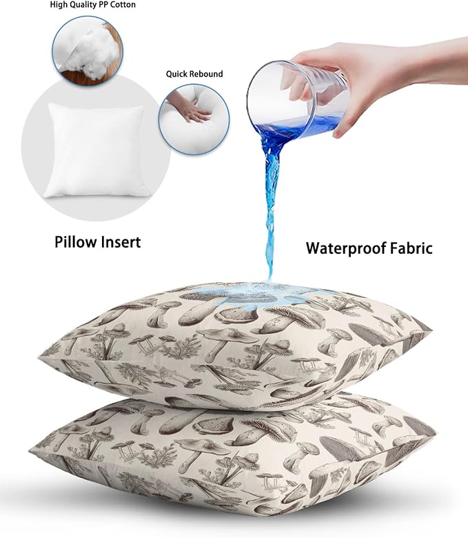 Outdoor Waterproof Throw Pillows Retro Mushroom Vintage Botanical Patio Pillows Pack of 2,Decorative Pillow Covers with Insert,Pillow Cushion Case for Garden Couch Sofa Aesthetic Plant Leaves