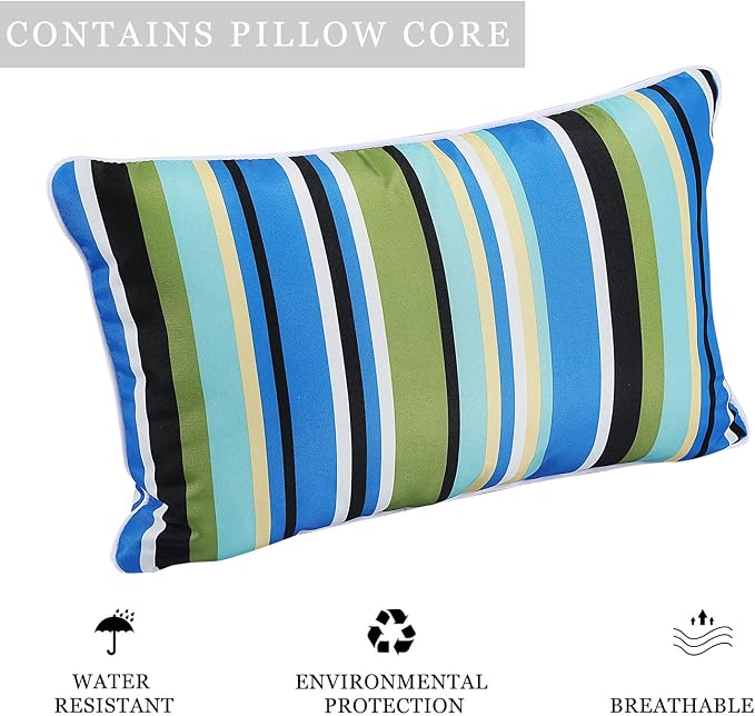 Enipate Outdoor Lumbar Pillows with Inserts, Water Resistant 12 x 20 Inch Striped Toss Pillows for Patio Furniture Decor, Pack of 2
