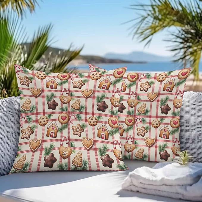 Outdoor Waterproof Throw Pillow Covers, Christmas Cartoon Gingerbread Man Plaid Candy Canes Pine Leaves House Pillowcases Cushion Covers Cases for Patio Couch Bench, Pack of 2 Square, 16X16 Inch