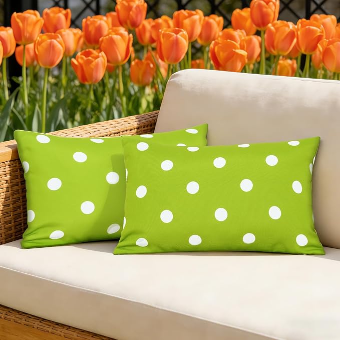 Eternal Beauty 12X20'' Set of 2 Outdoor Decorative Pillow Covers Waterproof Outdoor Pillow Covers for Spring Summer Patio Lumbar Pillows, Green Polka Dot, 12X20 inches