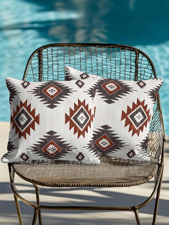 Waterproof Outdoor Pillow Set of 2 Red Brown Boho Aztec Decorative Throw Pillows Cover & Insert 16x16 Inch Pillowcase Southwest Tribal Style Pillows for Couch Sofa Bed Patio Furniture Indoor Outdoor