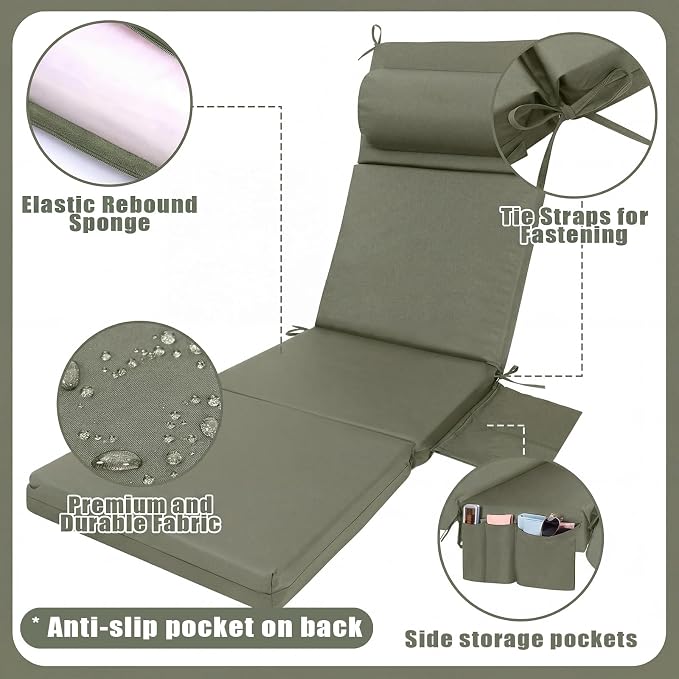 RattanView 2 Pcs Outdoor Chaise Lounge Cushion with Pillow and Side Pockets Waterproof Lounge Chair Cushions for Outdoor Furniture Patio Lounger Pad for Outside Pool Lawn (Light Green,72 x 21 x 4)
