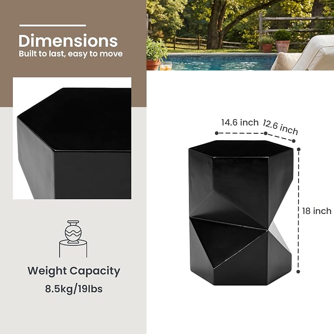 HOMPUS Outdoor Side Table Polygonal, Concrete End Table Hexagonal w Gloss Finish, Patio Accent Table Modern Design Home Decor, MgO Coffee Table for Living Room, Garden, Backyard, Black