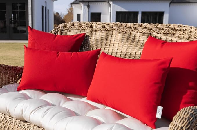 RSH DECOR Sunbrella 26" x 16" Lumbar Throw Pillows Set of 4 | Water and Fade-Resistant Performance Fabric | Outdoor Pillow Covers with Down-Alternative Inserts | Made in USA (Canvas Jockey Red)