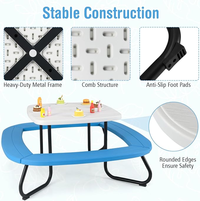 HONEY JOY Kids Picnic Table, 8 Person Toddler Outdoor Table and Chair Set, 4 Built-in Benches, Removable Umbrella, Metal Frame & HDPE Top, Children Outdoor Furniture for Backyard Patio Garden (Blue)