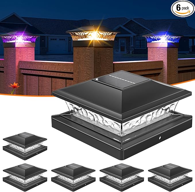 APONUO Solar Post Cap Lights with 8 RGB Solid Colors & Multicolor Flow - 6 Pack 6x6 Post Cap Solar Light, IP65 Waterproof - Fits 4x4 5x5 6x6 Wood & Vinyl Posts - Black