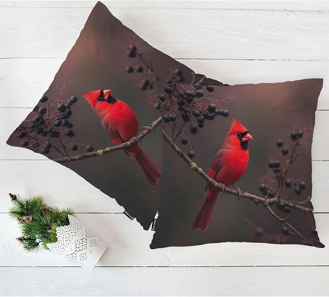 Swono 18"X18" Throw Pillow Covers Red Cardinal, Winter Cardinal Bird Berry Tree Boho Pillowcase Cushion Covers for Couch Bed, Square Decorative Pillow Cover Home Sofa Bedroom Car, 2 Pcs