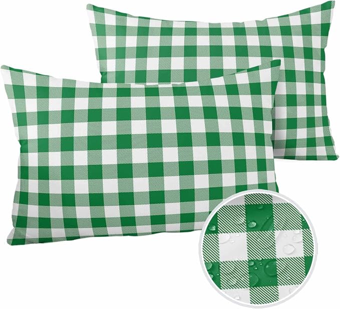 Outdoor Waterproof Throw Pillow Covers Set of 2 Green Buffalo Check Plaid Lumbar Pillowcases 20x12 Inches Farmhouse Style Patio Decorative Pillows Cushion Case Patio Pillows for Couch Bed Chair Garden