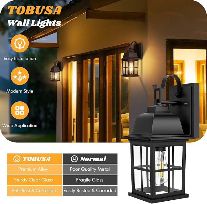 2-Pack Outdoor Light Fixtures, 100% Aluminium Waterproof Exterior Wall Lantern, Anti-Rust Outside Black Wall Sconce Porch Lights for House Garage, Doorway, Bulbs Not Included