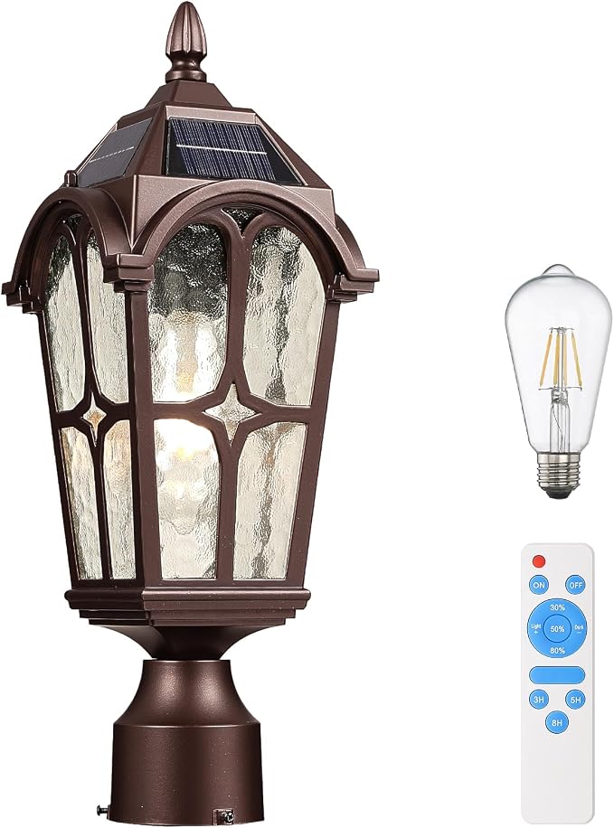 17.3 Inch Outdoor Solar Post Light, Dusk to Dawn Pier Mount Pole Lamp, Oil Rubbed Bronze Aluminum with Seeded Water Ripple Glass, Waterproof Exterior Lantern for Yard Garden Patio Driveway