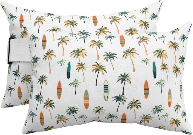 Outdoor Pillows Covers with Inserts Summer Tropical Green Palm Trees with Kayaks Waterproof Recliner Pillow with Adjustable Strap Throw Pillows for Patio Furniture Pool Lounge Chair, 11x16 inch, 2PCS