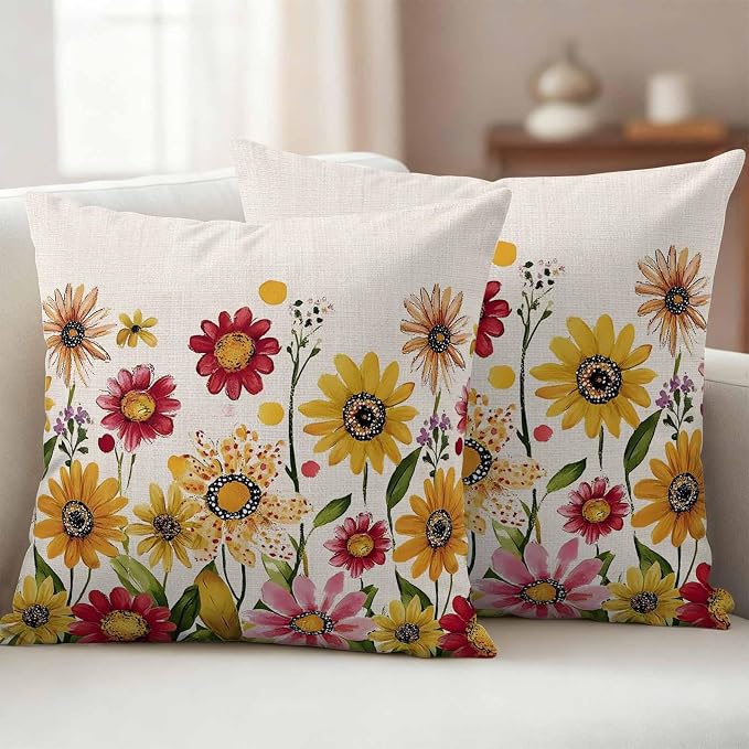 Yellow Red Spring Floral Outdoor Waterproof Throw Pillow Covers 20x20 Set of 2, Pastoral Summer Flower Rustic Decorative Pillowcases Cushion Pillowcase for Couch Sofa Patio Outside Pillow Protector
