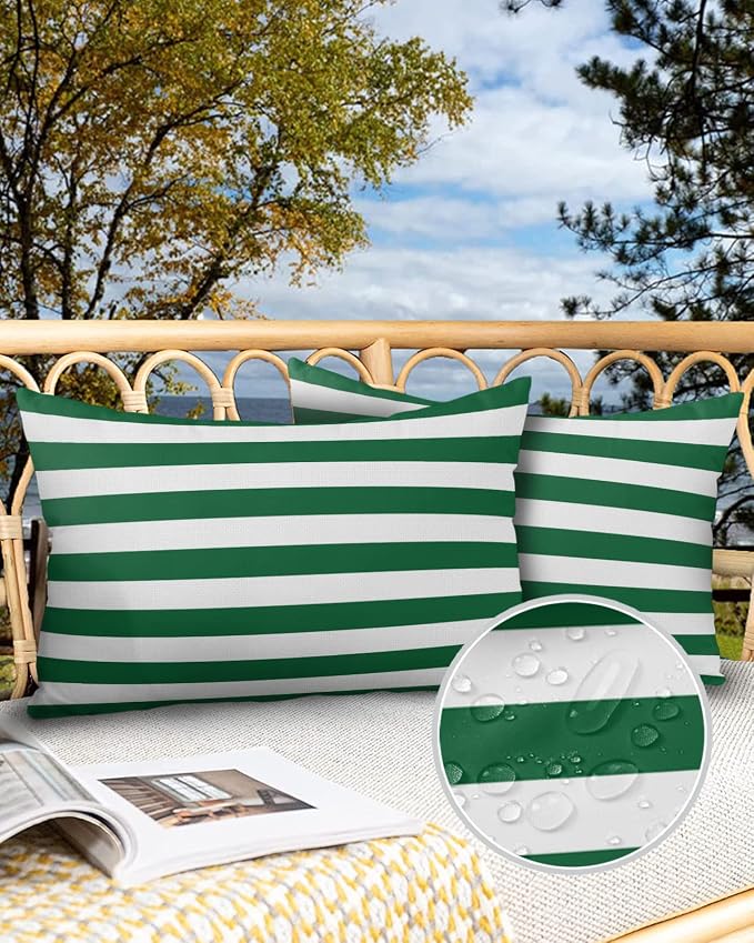 Outdoor Throw Pillow Cover Green White Geometric Striped Waterproof Cushion Covers 2 Pack Xmas Color Striped Pillow Cases Home Decoration for Patio Garden Couch Sofa 20x12In
